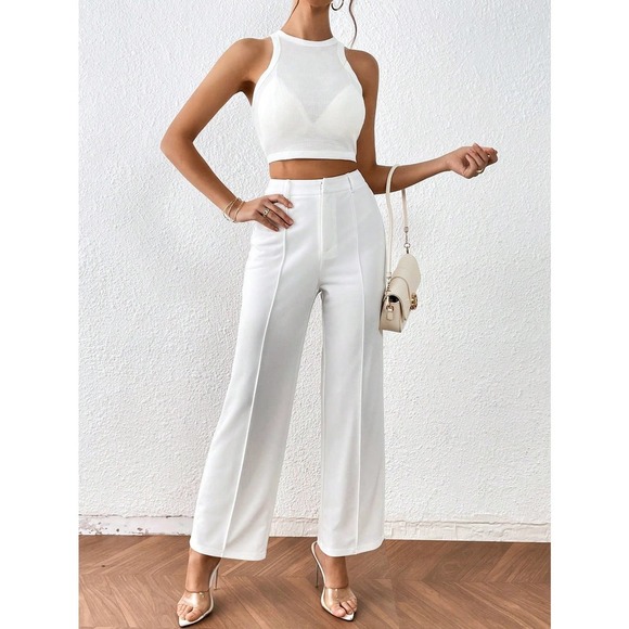 two piece set: crop top & Straight Leg Pants white - Picture 3 of 5